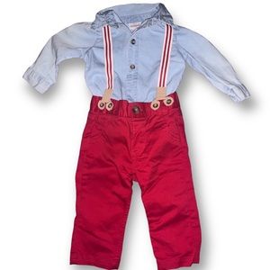 Red Pants and light blue shirt with suspenders by Cat and Jack